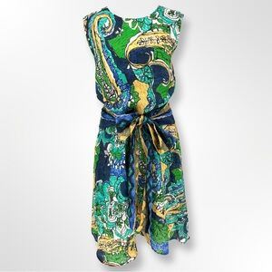 Kobi Halperin L Large Linen Midi Floral Print Cocktail Dress Blue Green NEW